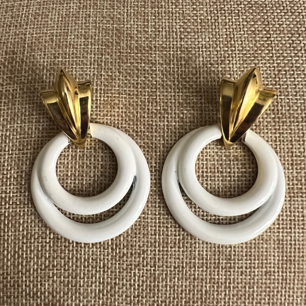 Vintage Gold Tone White Enamel Double Hoop Dangle Earrings 2.25" Retro Mod